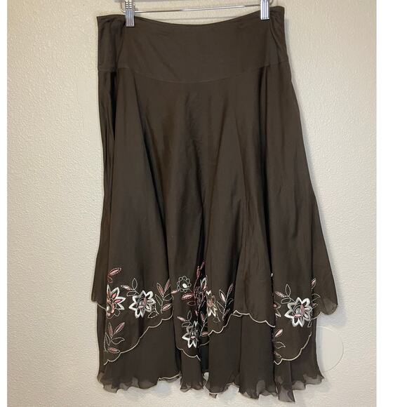 Nine West Y2K Style Cotton & Silk Brown Floral Embroidered Flutter Midi Skirt 6 - Picture 9 of 12